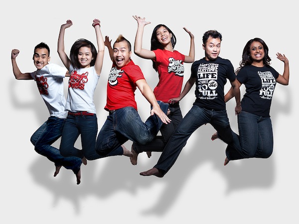 Aaron Lam (third from left) jumping with all the models of Amnestee