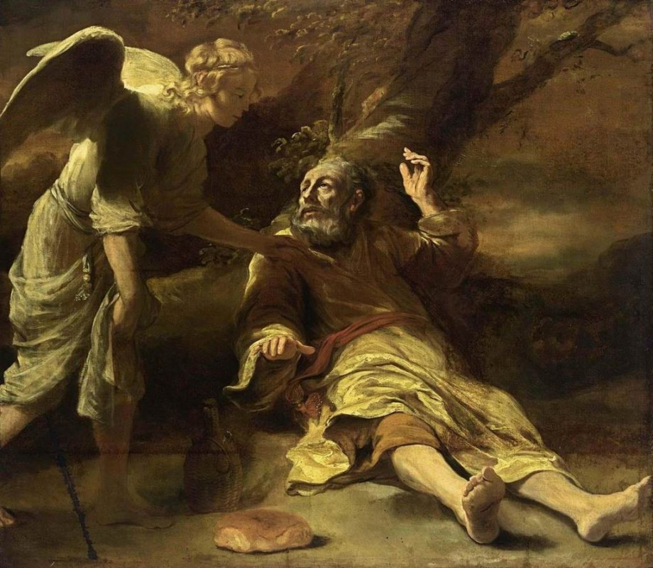 An angel touching Elijah to get up and eat at a time when he was running for his life away from Jezebel who killed all the prophets of the Lord except him | Ref: bible-library