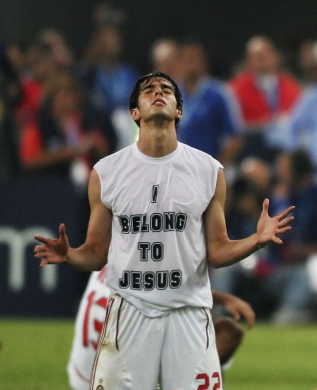 Soccer megastar Kaká (real name: Ricardo Izecson dos Santos Leite), who has won every major soccer award including the FIFA World Player of the Year, says his t-shirt and finger pointing to the sky is "simply to tell the world that I belong to Jesus." | Ref: ssrc